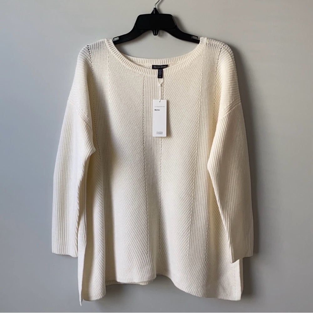Eileen Fisher Bateau Neck Merino Wool Long Sleeve Sweater in Cream
